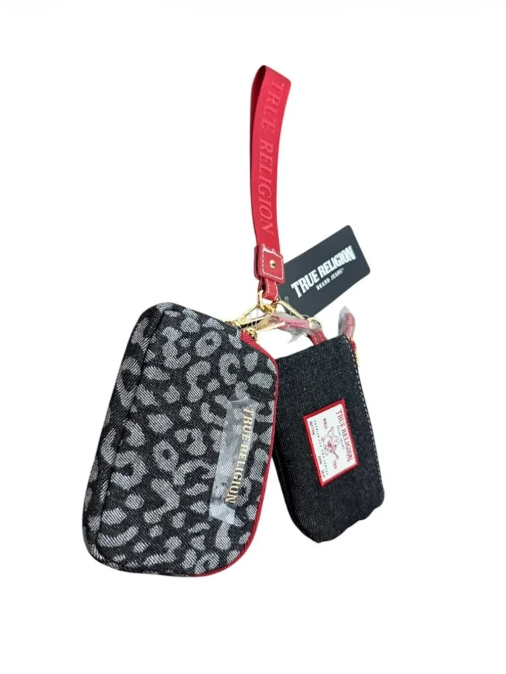 NWT True Religion Wristlet Keychain Card Set Leopard Denim Red